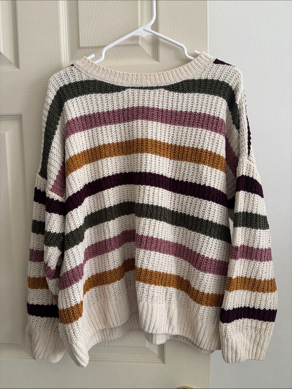 Womens Juniors XXL Cream Stripe Knit Sweater with Pink, Olive & Mustard Accents
